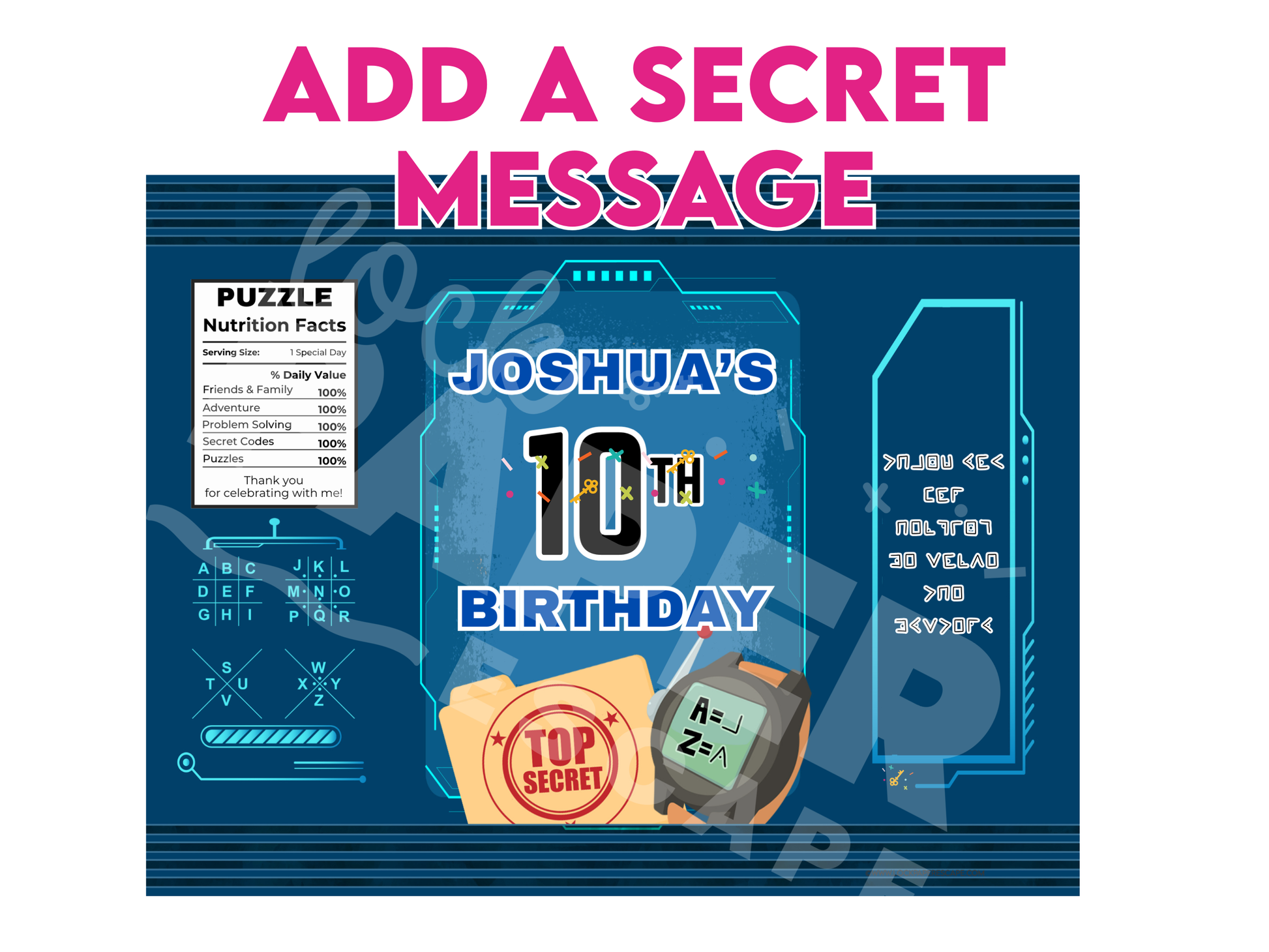 Birthday party escape room chip bag with digital theme and text 'Add a Secret Message' on a blue background.