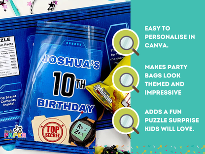 Personalized escape room birthday party bag with blue packaging, candy, and text 'Joshua's 10th Birthday'.
