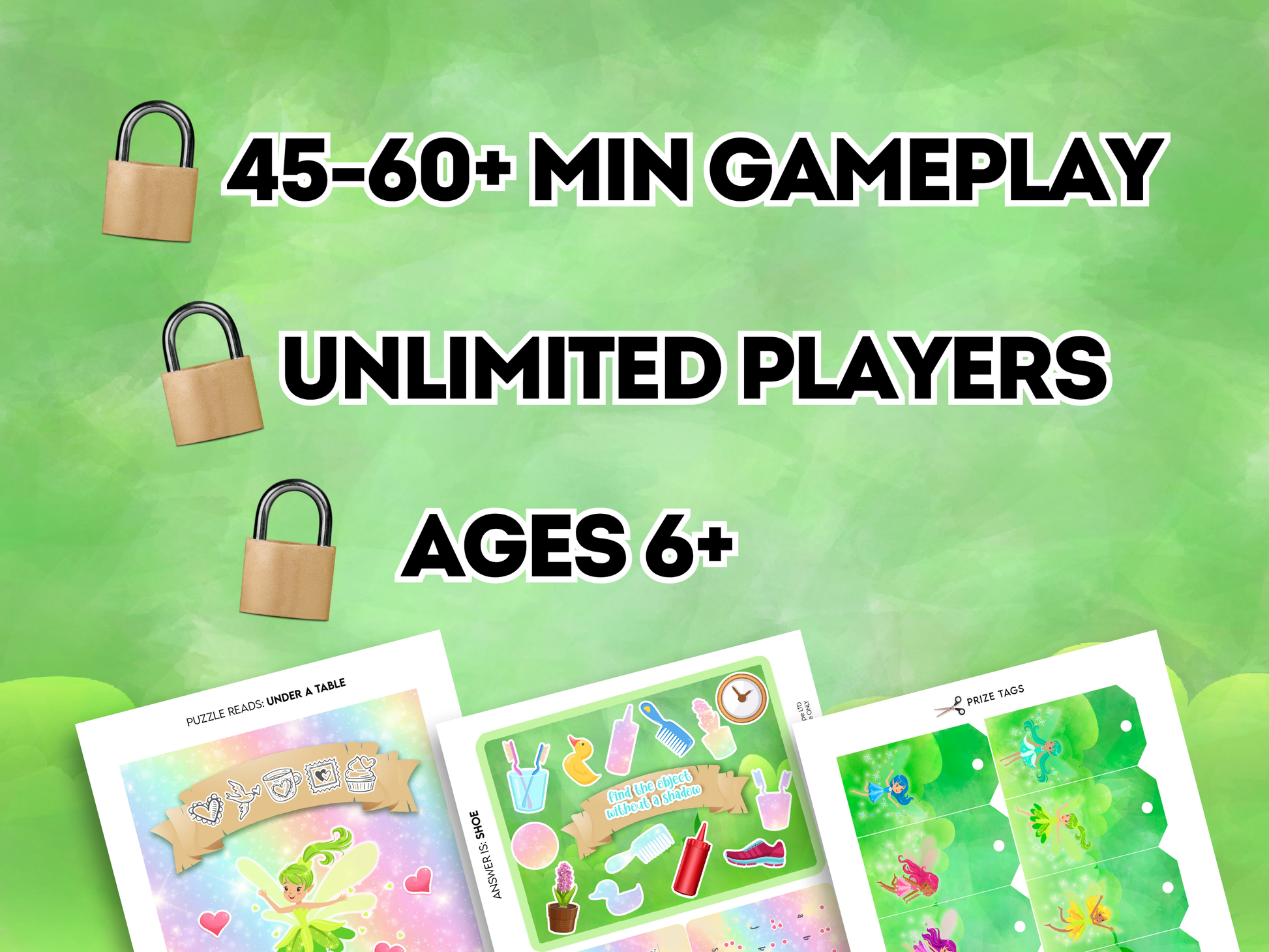 Promotional graphic for a fairy escape room game with lock icons and text on a green background