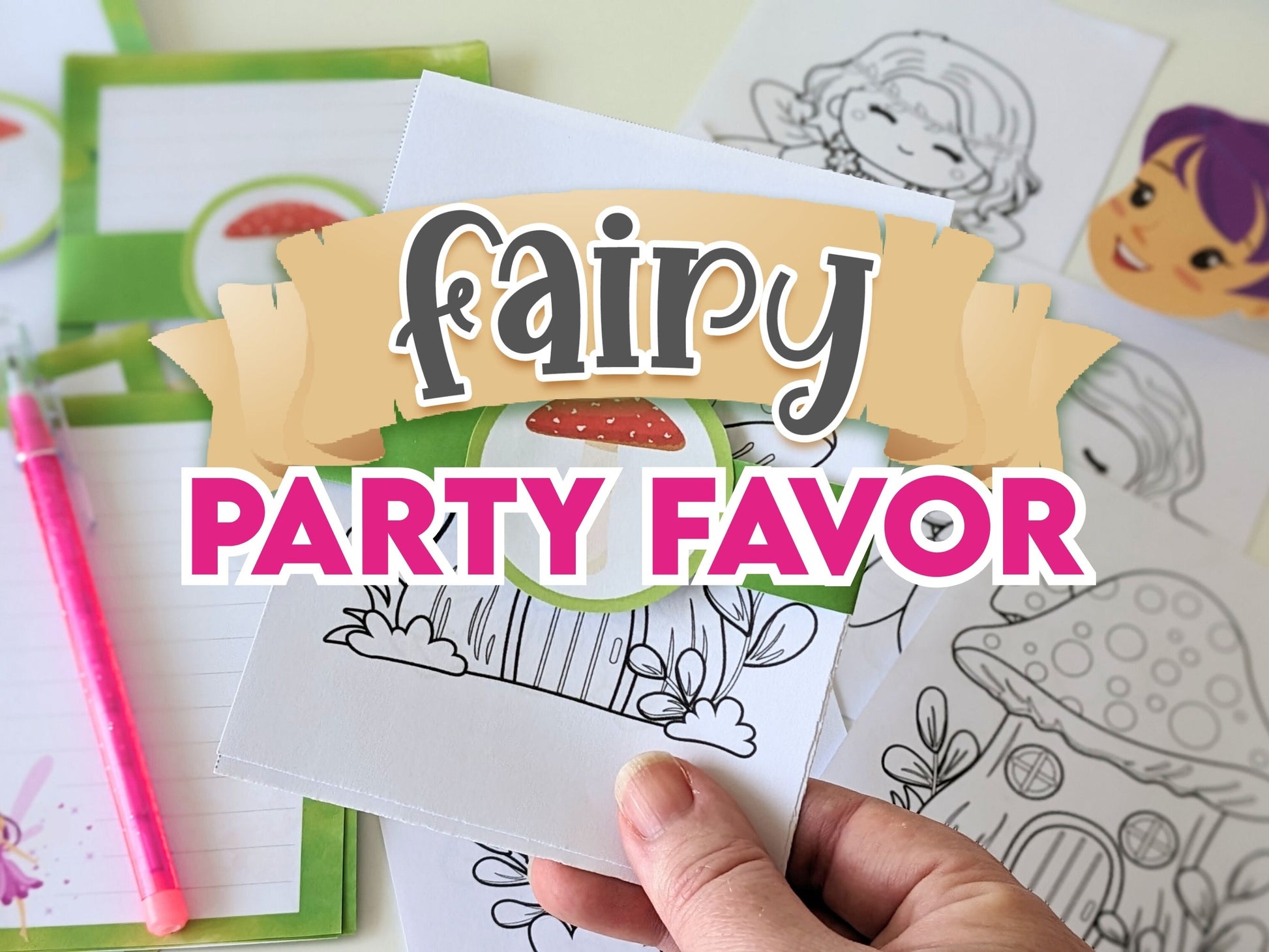 Coloring sheets with fairy-themed designs and 'fairy party favor' text.