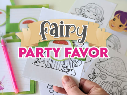 Coloring sheets with fairy-themed designs and 'fairy party favor' text.