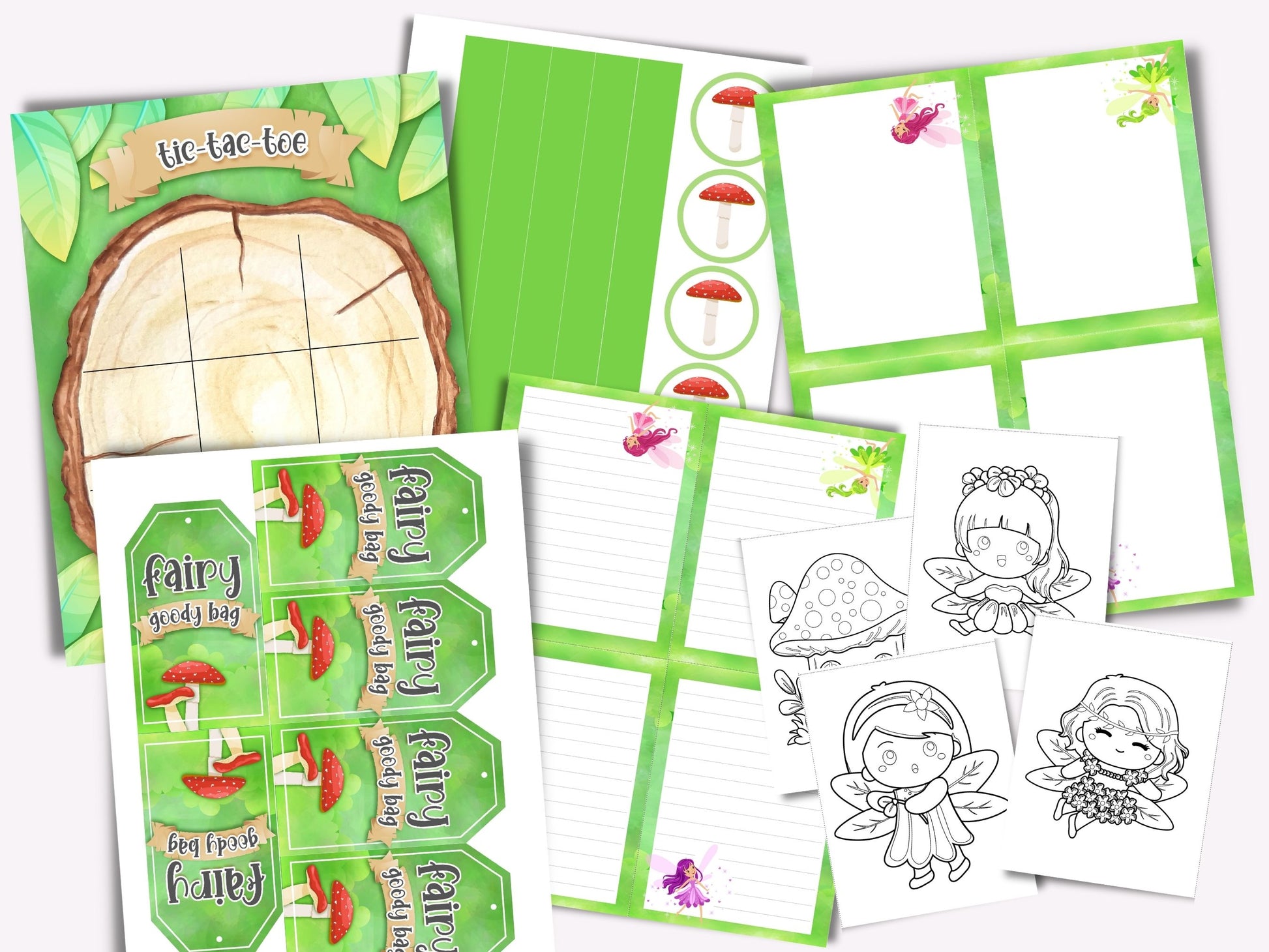 Printable party materials with fairy-themed activities on a white background