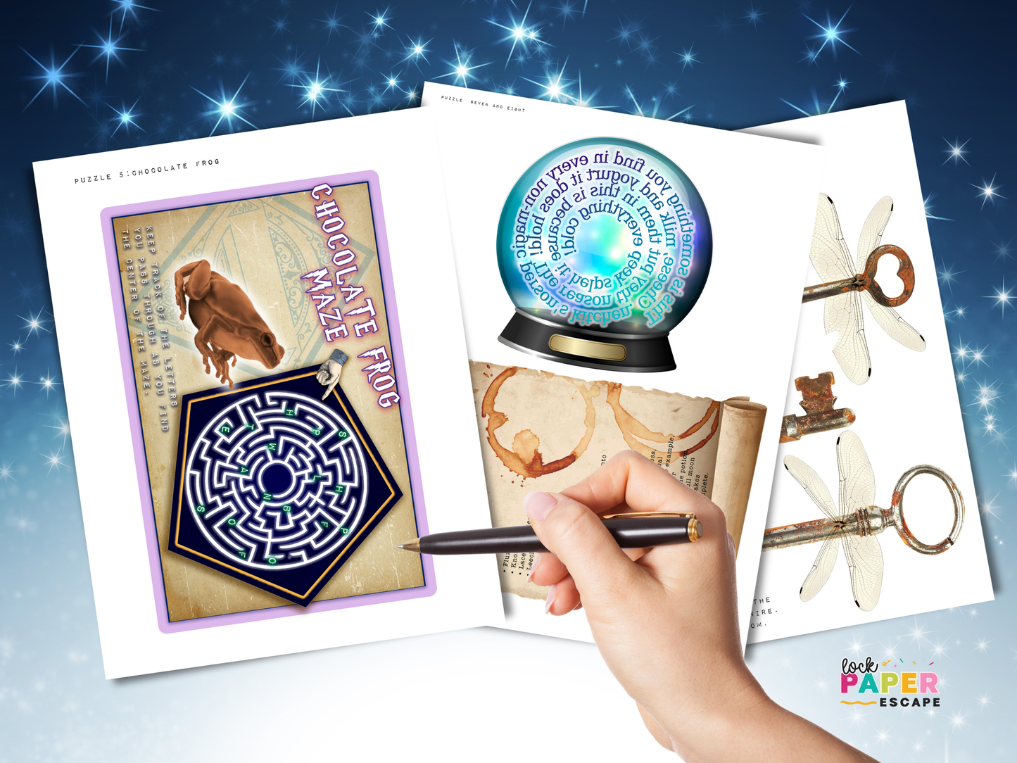 Wizard escape room game pages with a hand holding a pen, featuring a maze, crystal ball, and keys on a starry night background.