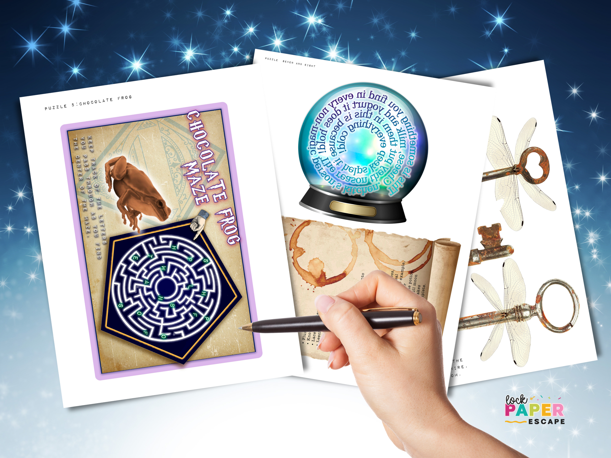 Wizard escape room game pages with a hand holding a pen, featuring a maze, crystal ball, and keys on a starry night background.