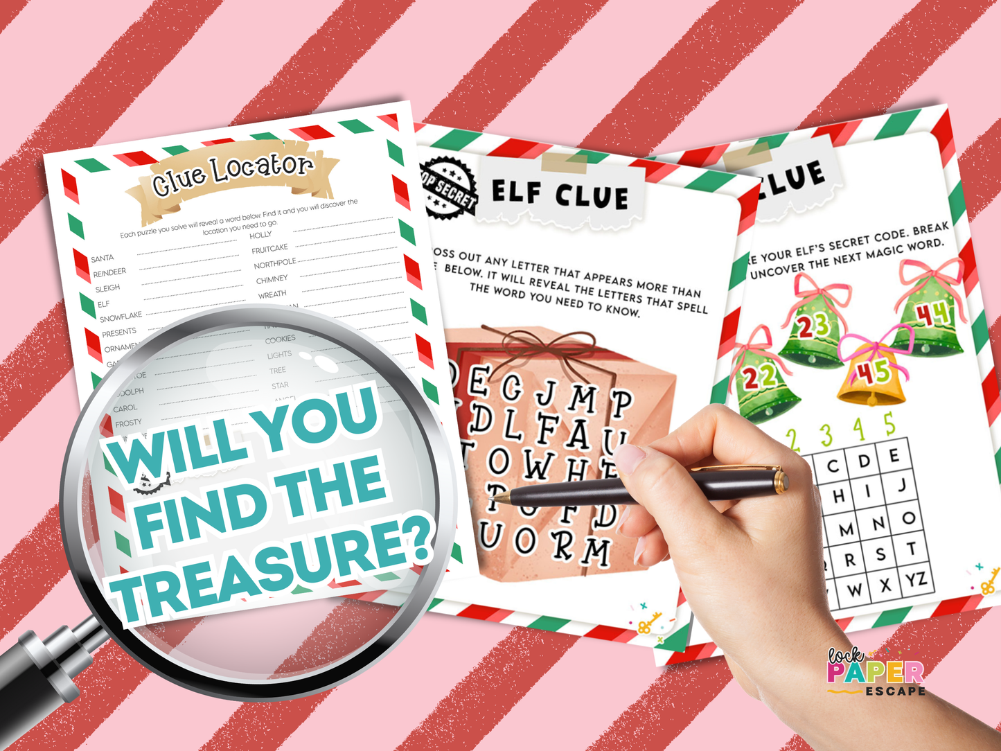 Christmas-themed elf clue cards with a magnifying glass and hand holding a pen on a red and white striped background.