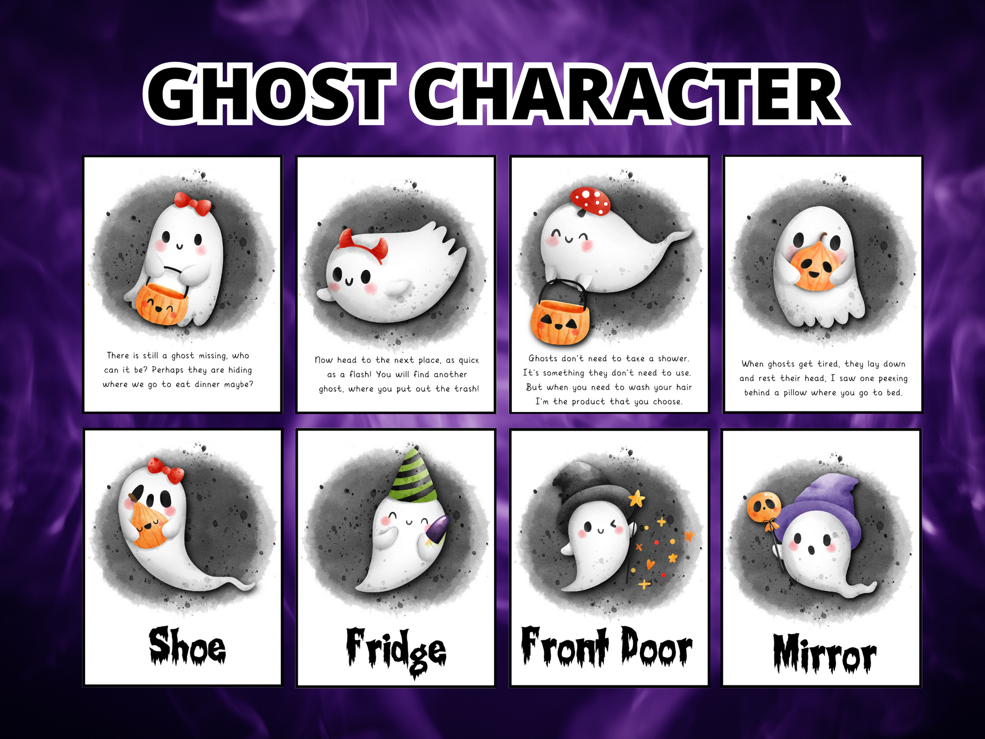 Ghost characters for a treasure hunt for kids. Halloween game.