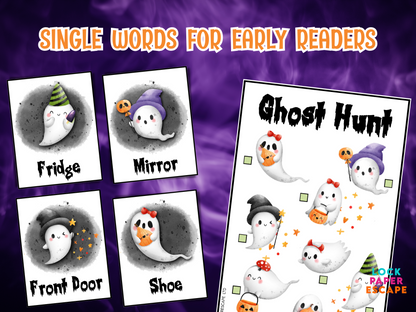 Single word treasure hunt for young kids. Cute Halloween Ghost theme