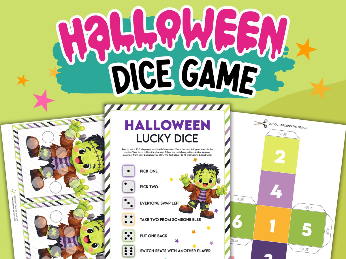 Halloween lucky dice game printable set with colorful title text, a central dice roll board, and two character dice sheets featuring cartoon monsters on a lime green background.
