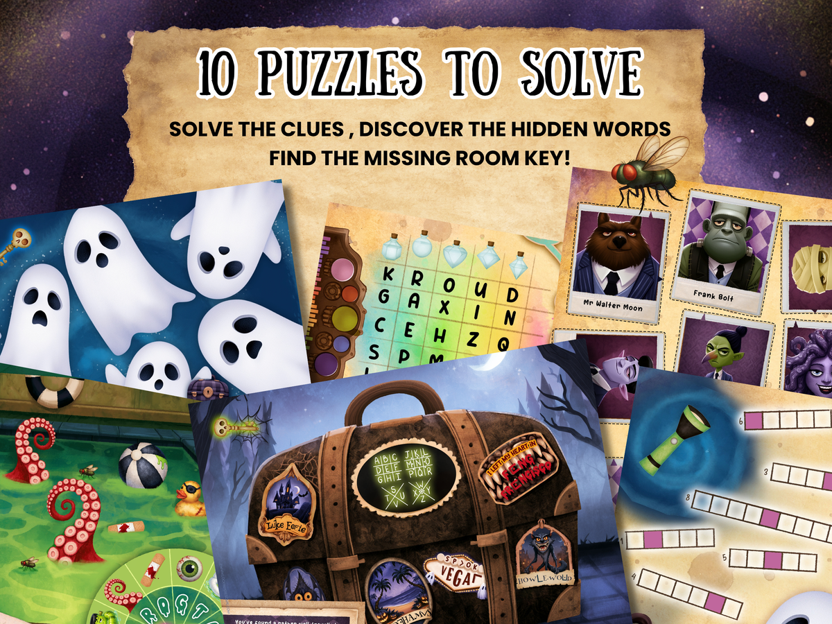 Promotional collage for a DIY halloween escape room game showing the title text '10 PUZZLES TO SOLVE' over a dark purple starry background, with sample puzzle panels including ghosts, a treasure chest, a map/grid, cards, and a flashlight.