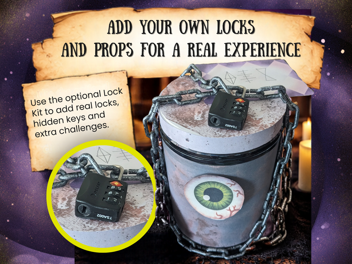 A spooky themed product display featuring a gray cylindrical container wrapped in a chain, with a small black lock attached. The scene includes promotional text banners, a circular inset showing the lock close-up, and a purple starry background.