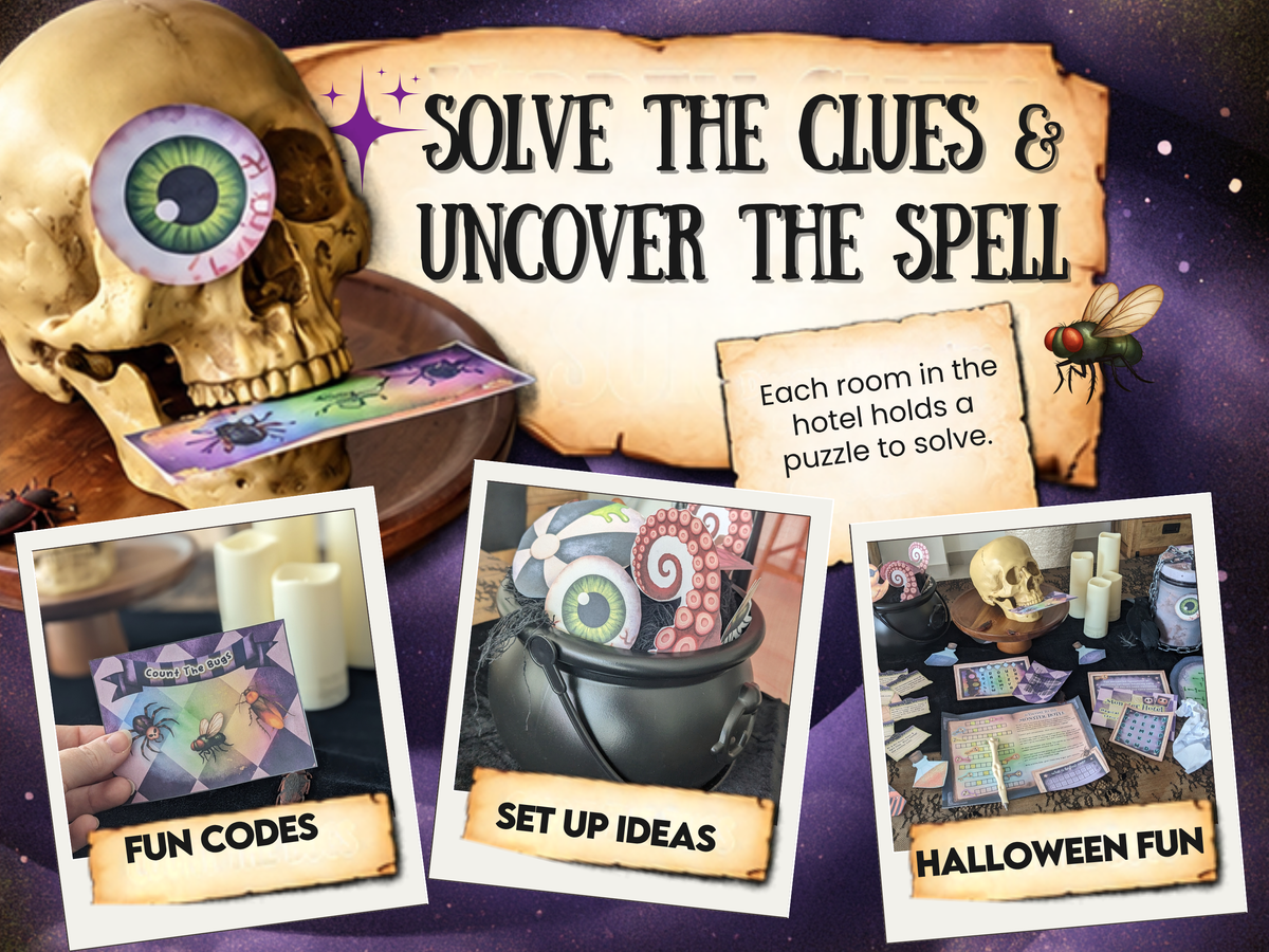 Promotional graphic for a Halloween-themed card game or activity set titled 'SOLVE THE CLUES & UNCOVER THE SPELL,' showing a gold skull with a large eye, cards, a black cauldron, and three inset photos labeled 'FUN CODES,' 'SET UP IDEAS,' and 'HALLOWEEN FUN' on a purple starry background.