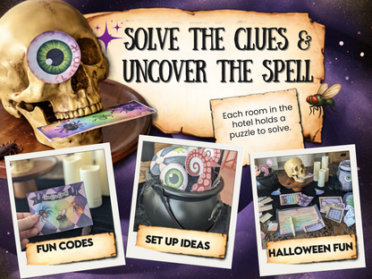 Promotional graphic for a Halloween-themed card game or activity set titled 'SOLVE THE CLUES & UNCOVER THE SPELL,' showing a gold skull with a large eye, cards, a black cauldron, and three inset photos labeled 'FUN CODES,' 'SET UP IDEAS,' and 'HALLOWEEN FUN' on a purple starry background.