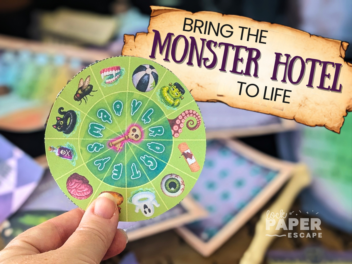 A hand holds a green monster-themed cipher wheel with illustrated sections and text, with a torn-paper style banner reading 'BRING THE MONSTER HOTEL TO LIFE' over a blurred tabletop scene. A 'LOCK Paper Escape' logo appears in the lower right.
