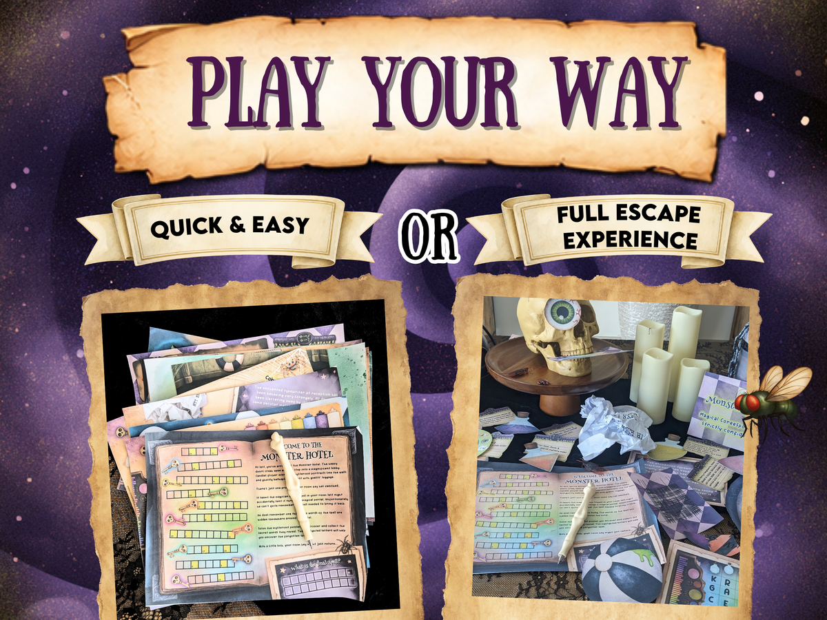 Promotional graphic for a themed escape room or activity kit on a purple starry background. The design shows two options: 'QUICK & EASY' with a stack of printed cards and worksheets, and 'FULL ESCAPE EXPERIENCE' with a styled room scene featuring a skull, candles, books, and a fly.