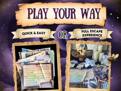 Promotional graphic for a themed escape room or activity kit on a purple starry background. The design shows two options: 'QUICK & EASY' with a stack of printed cards and worksheets, and 'FULL ESCAPE EXPERIENCE' with a styled room scene featuring a skull, candles, books, and a fly.