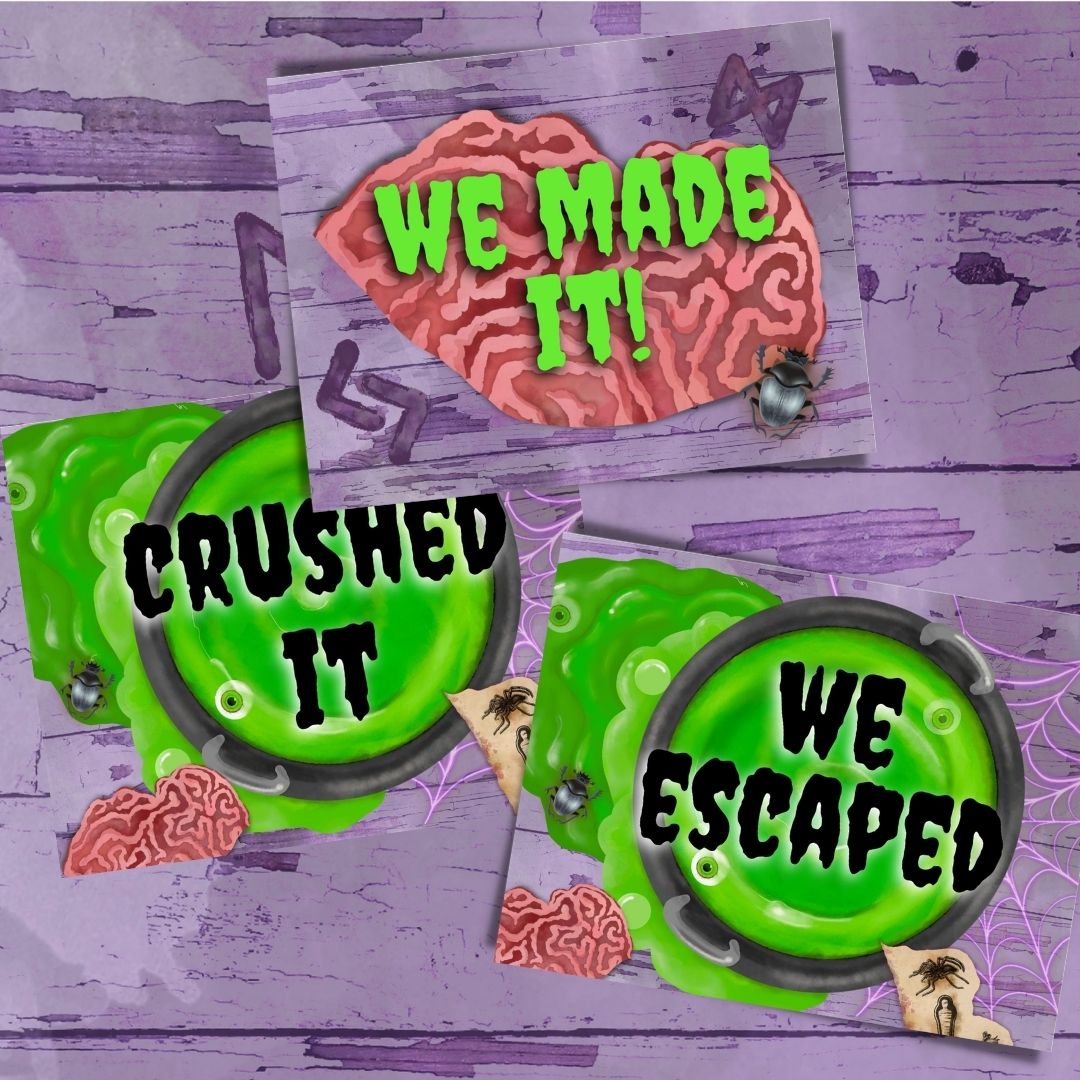 Decorative items with text 'WE MADE IT!', 'CRUSHED IT', and 'WE ESCAPED' on a purple background.
