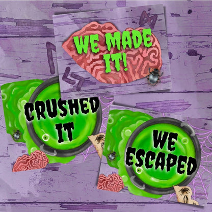 Decorative items with text 'WE MADE IT!', 'CRUSHED IT', and 'WE ESCAPED' on a purple background.