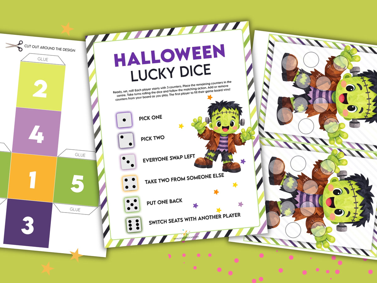 Halloween lucky dice game printable cards shown on a light green background with small pink confetti. The set includes a large central card with instructions, a dice layout on the left, and two character dice sheets featuring a Frankenstein monster.