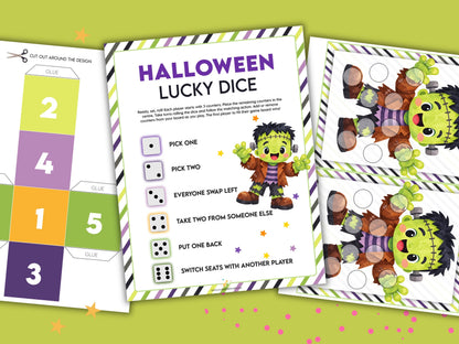 Halloween lucky dice game printable cards shown on a light green background with small pink confetti. The set includes a large central card with instructions, a dice layout on the left, and two character dice sheets featuring a Frankenstein monster.