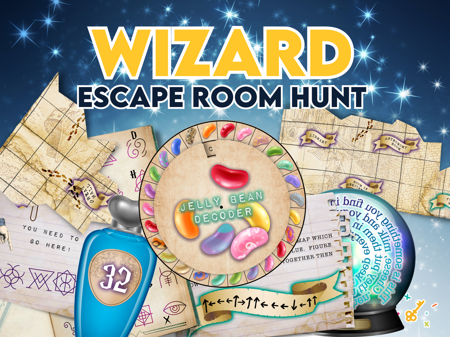 Wizard Escape Room Hunt game components with a mystical theme.