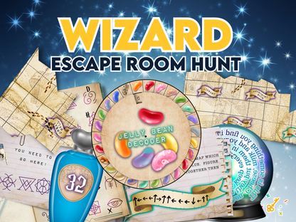 Wizard Escape Room Hunt game components with a mystical theme.