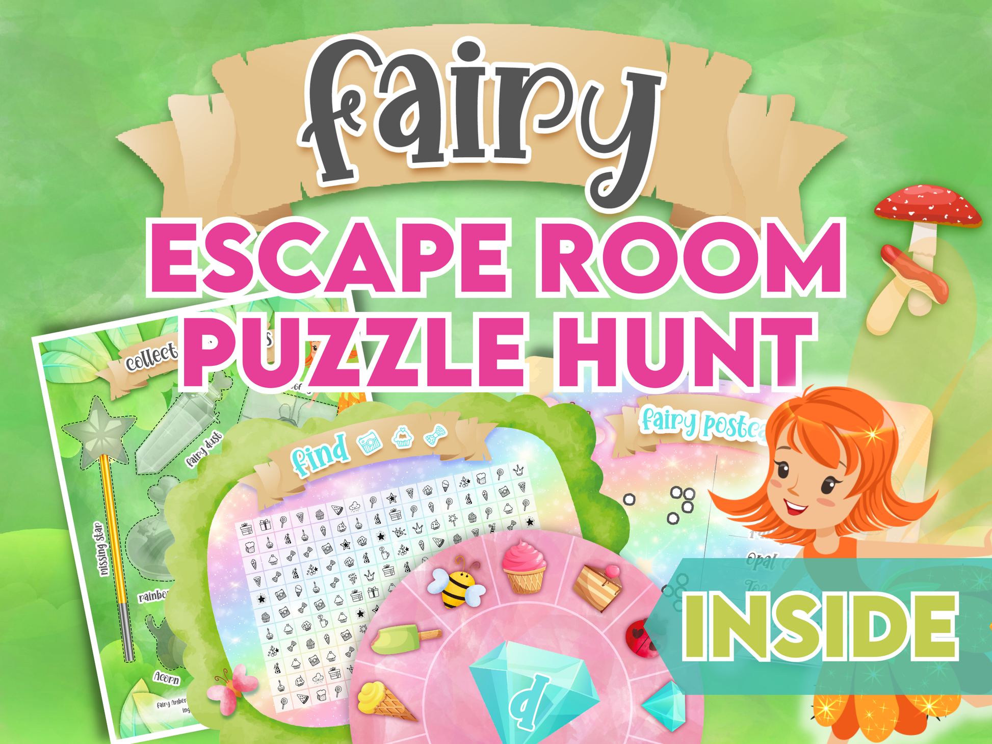 Promotional image for a kids fairy-themed escape room game with colorful design and text.