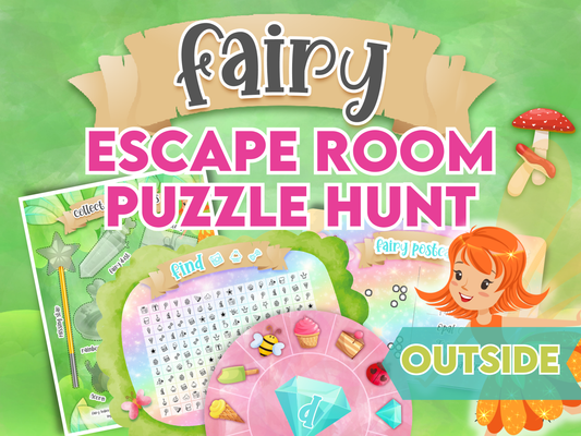 Fairy-themed escape room puzzle hunt game with colorful design and text on a green background.
