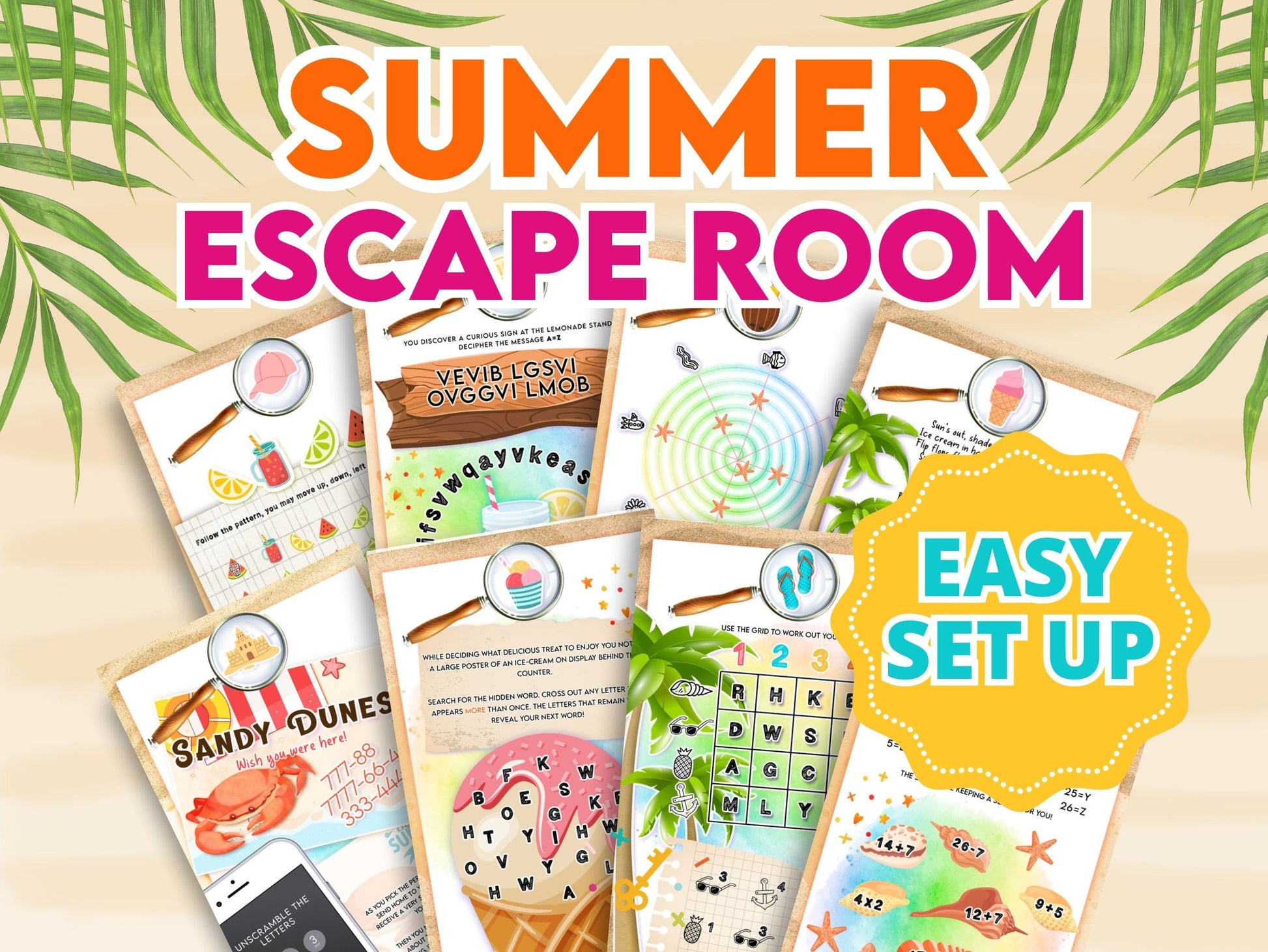 Promotional image for a Summer Escape Room product featuring various escape room materials such as puzzles, props, and a certificate, set against a tropical background.