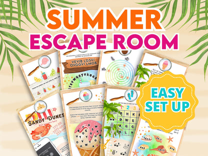 Promotional image for a Summer Escape Room product featuring various escape room materials such as puzzles, props, and a certificate, set against a tropical background.