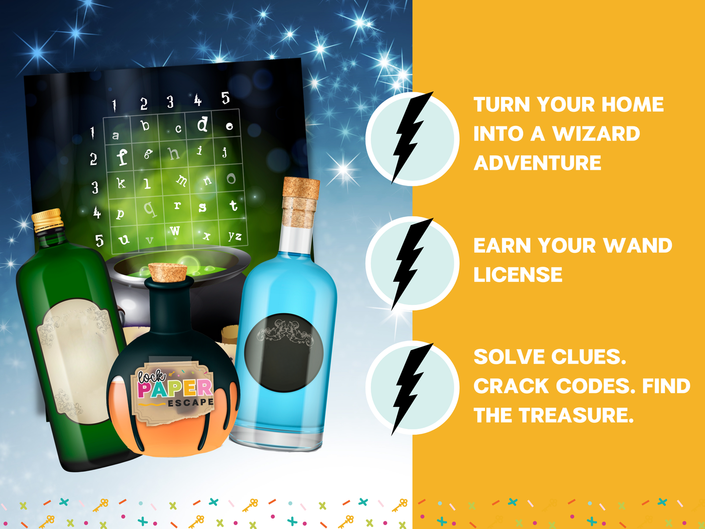 Hogwarts-themed bottles with a puzzle board and text on a blue and orange background