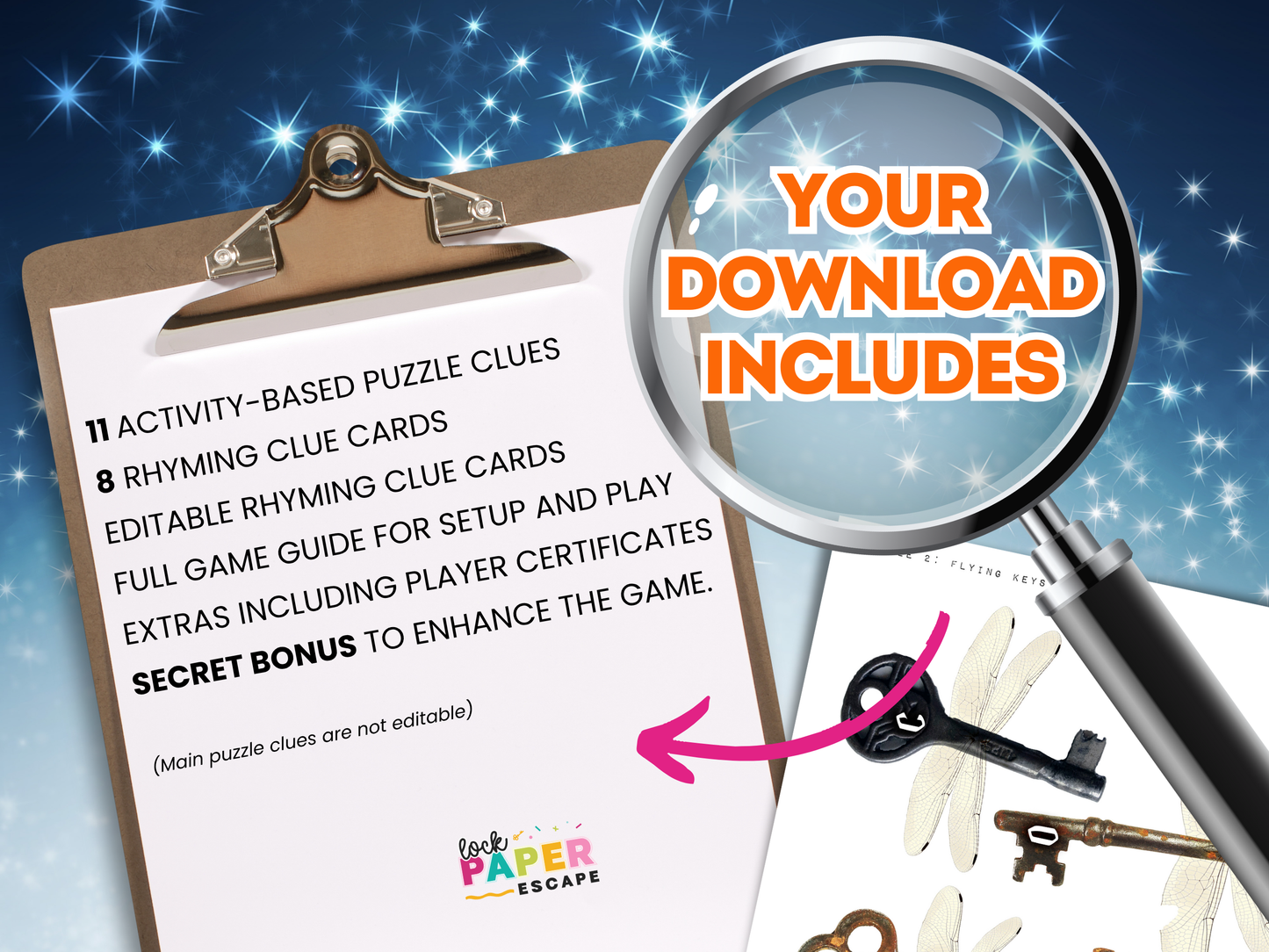 Promotional image for a puzzle game download with a clipboard, magnifying glass, and keys on a starry background.