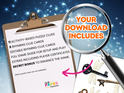 Promotional image for a puzzle game download with a clipboard, magnifying glass, and keys on a starry background.