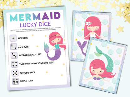 Mermaid lucky dice game board and cute mermaid picture cards.