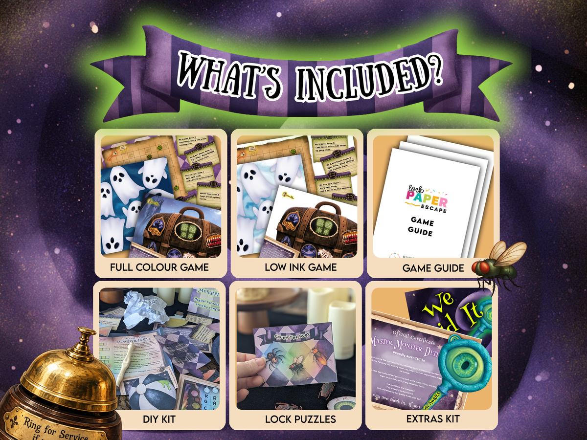 Promotional graphic showing what is included in a DIY escape room kit, with six panels labeled Full Colour Game, Low Ink Game, Game Guide, DIY Kit, Lock Puzzles, and Extras Kit on a purple starry background.