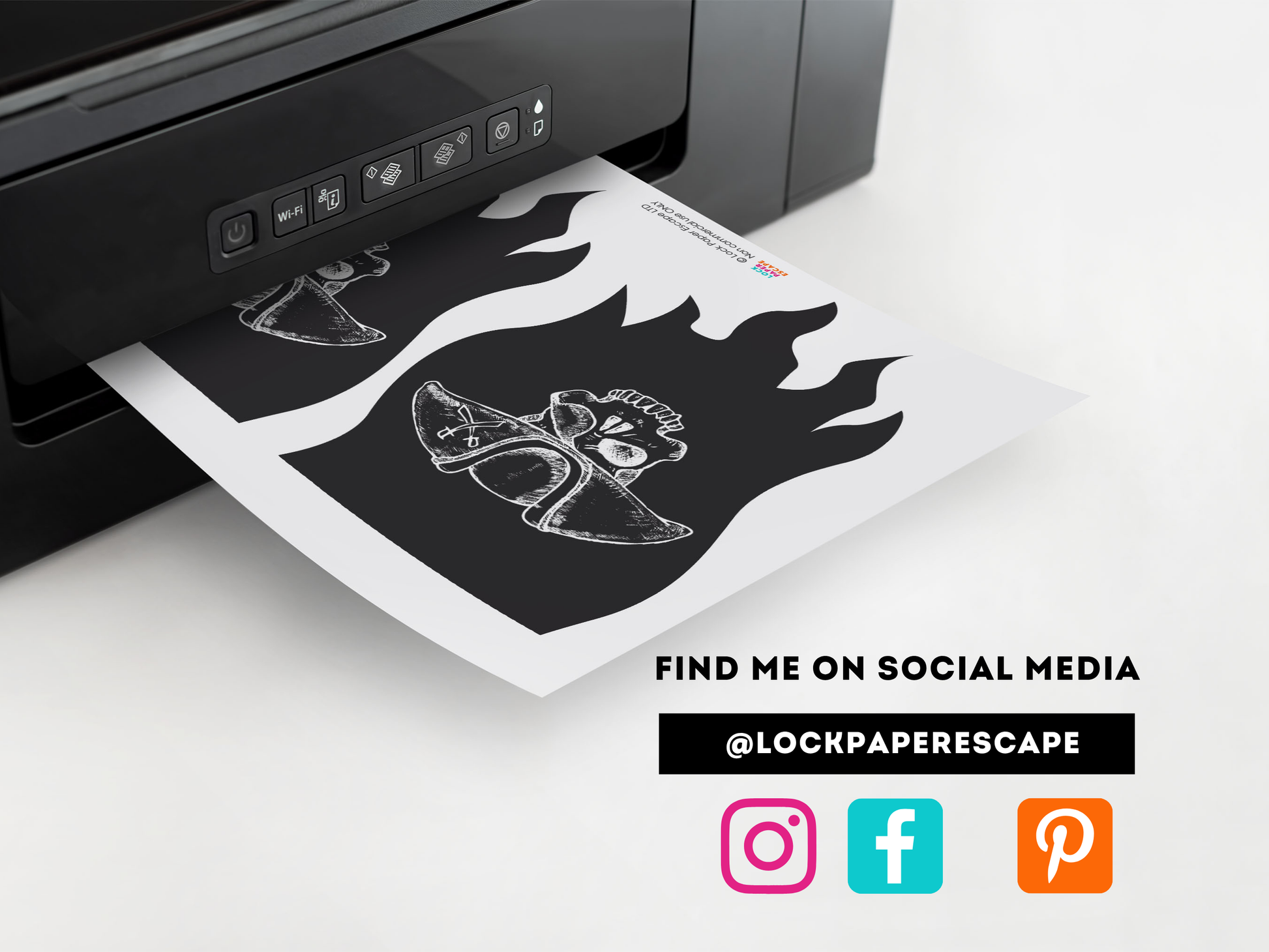 Printer printing a design on paper with social media information displayed.
