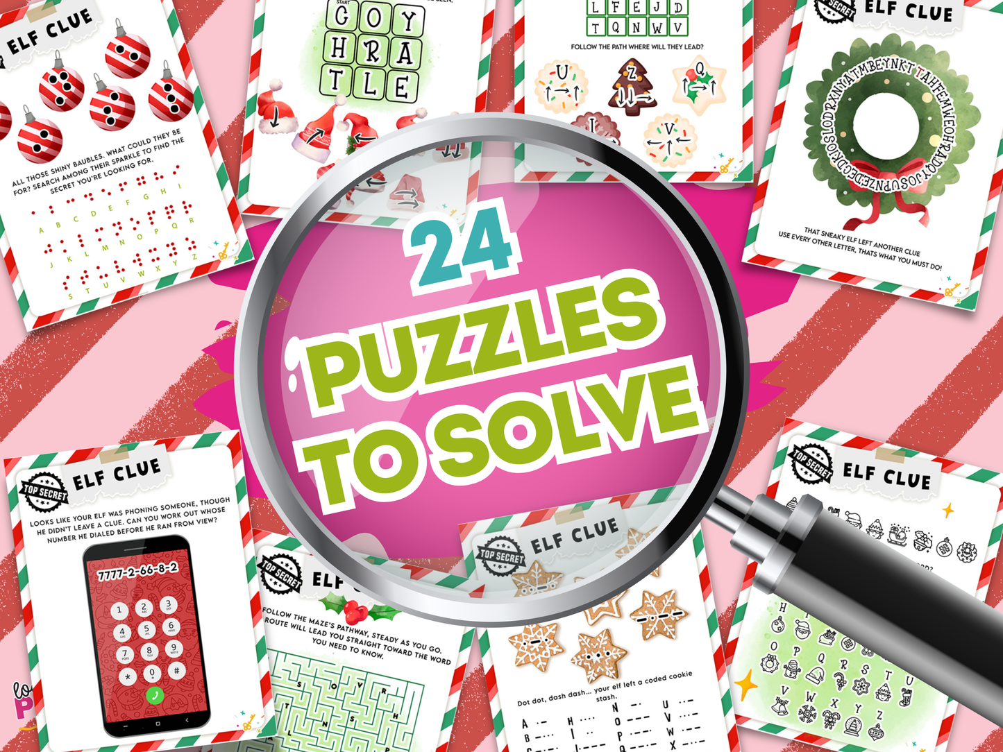 Collection of Christmas-themed treasure hunt puzzles with a magnifying glass on a festive background