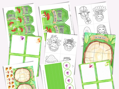 Set of green and white fairy-themed coloring and activity sheets on a white background