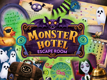 Monster Hotel printable Halloween escape room game for kids, featuring spooky illustrated puzzles, ghosts, a vampire, cipher wheels and a haunted hotel theme.