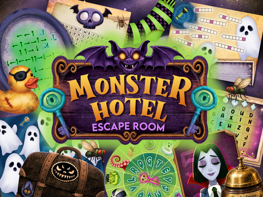 Monster Hotel printable Halloween escape room game for kids, featuring spooky illustrated puzzles, ghosts, a vampire, cipher wheels and a haunted hotel theme.