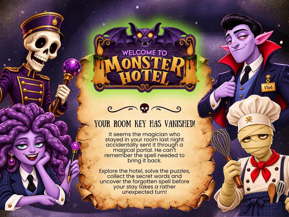 A Halloween-themed illustrated poster or game cover for 'Monster Hotel' featuring cartoon characters including a skeleton in a purple uniform, a vampire with pointed ears, a purple-haired woman with purple hair, and a chef holding a whisk, surrounding a parchment message about a lost room key.