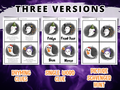 Three different difficulty levels for the Ghost treasure hunt. Rhyming clue, single word clues and cute ghost picture clues.