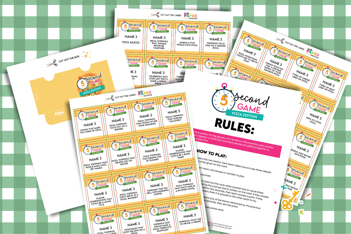 Set of game cards and rules on a green checkered background