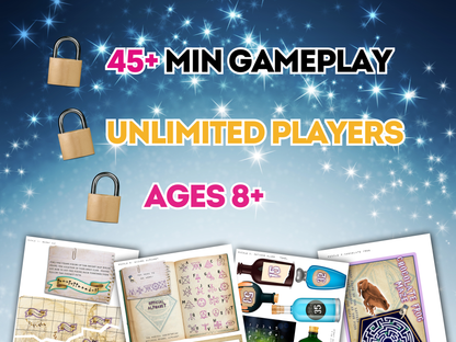 Promotional graphic for a game with lock icons, text about gameplay duration and player limits, and images of kids wizard themed escape room game pages.