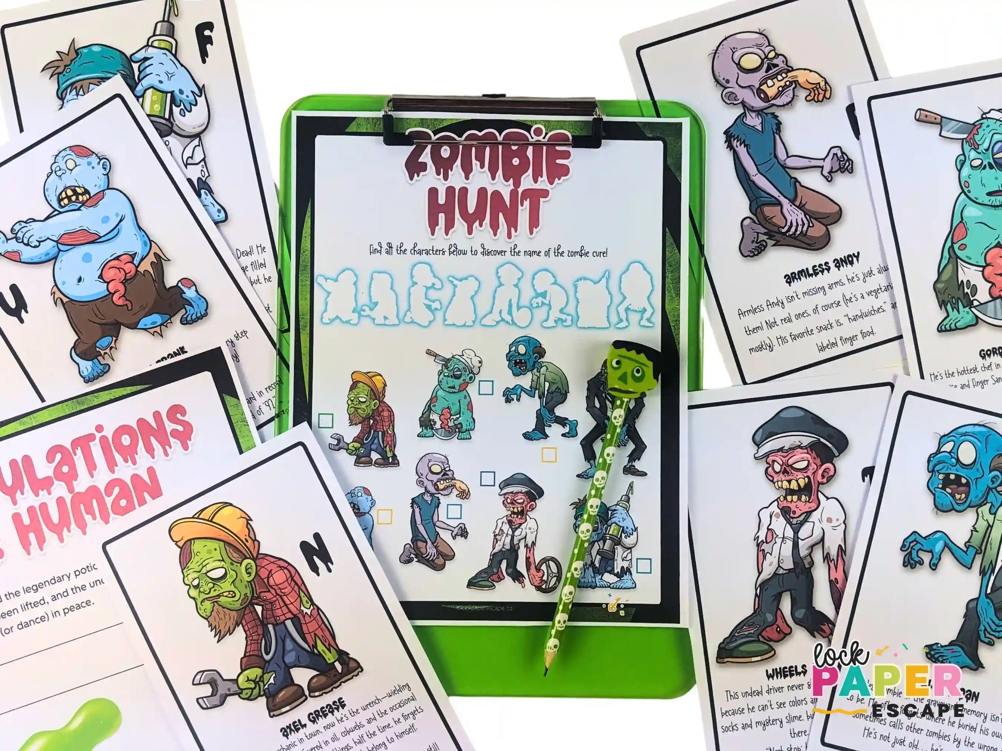 Zombie-themed game with a clipboard labeled 'Zombie Hunt' on a white background.