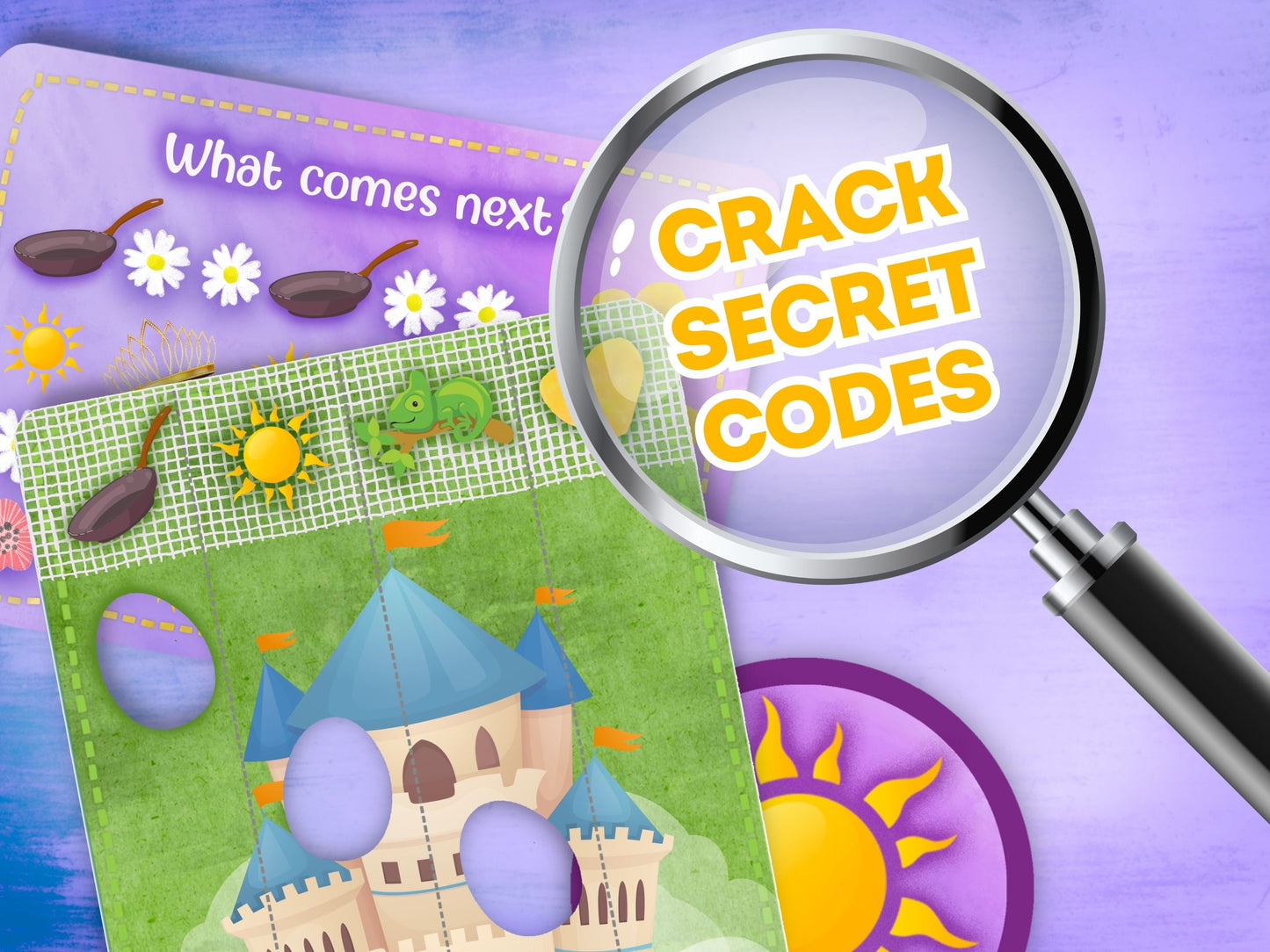 Promotional image for 'Princess Rapunzel Kids Escape Game' featuring colorful illustrations and a magnifying glass with crack the code text. 