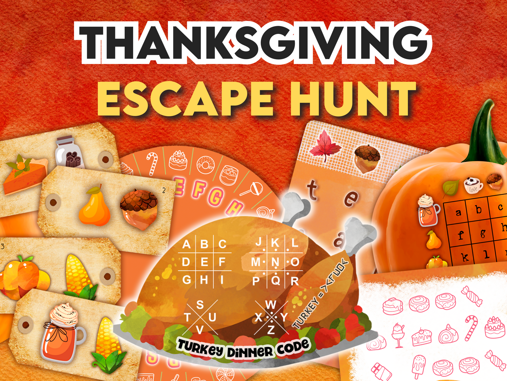 A promotional image featuring a Thanksgiving themed Escape Hunt game, with puzzle pieces, clues, and a turkey dinner graphic.