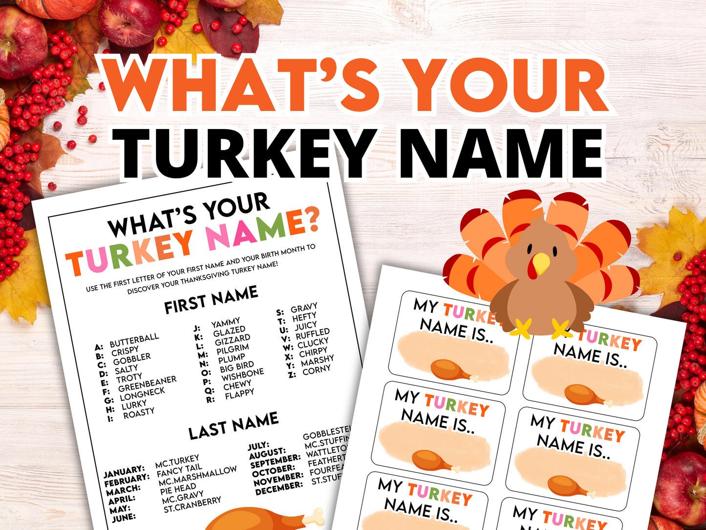 A 'What's Your Turkey Name?' game set with a name chart and tags, featuring a turkey graphic and autumn leaves around. The game is designed for Thanksgiving celebrations.