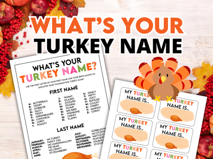 A 'What's Your Turkey Name?' game set with a name chart and tags, featuring a turkey graphic and autumn leaves around. The game is designed for Thanksgiving celebrations.