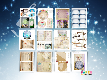 Collection of wizard escape room puzzles on a starry night sky background with 'Lock Paper Escape' branding.