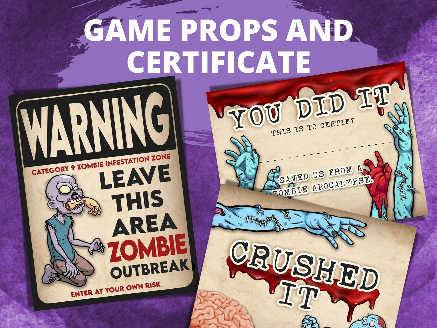 Game props and certificate with zombie theme on a purple background